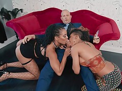 Demi Sutra and Kira Noir give blowjob to Scott Nails